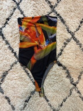 Zara Sheer Tropical-Print Strapless Bodysuit in Black, Orange & Yellow